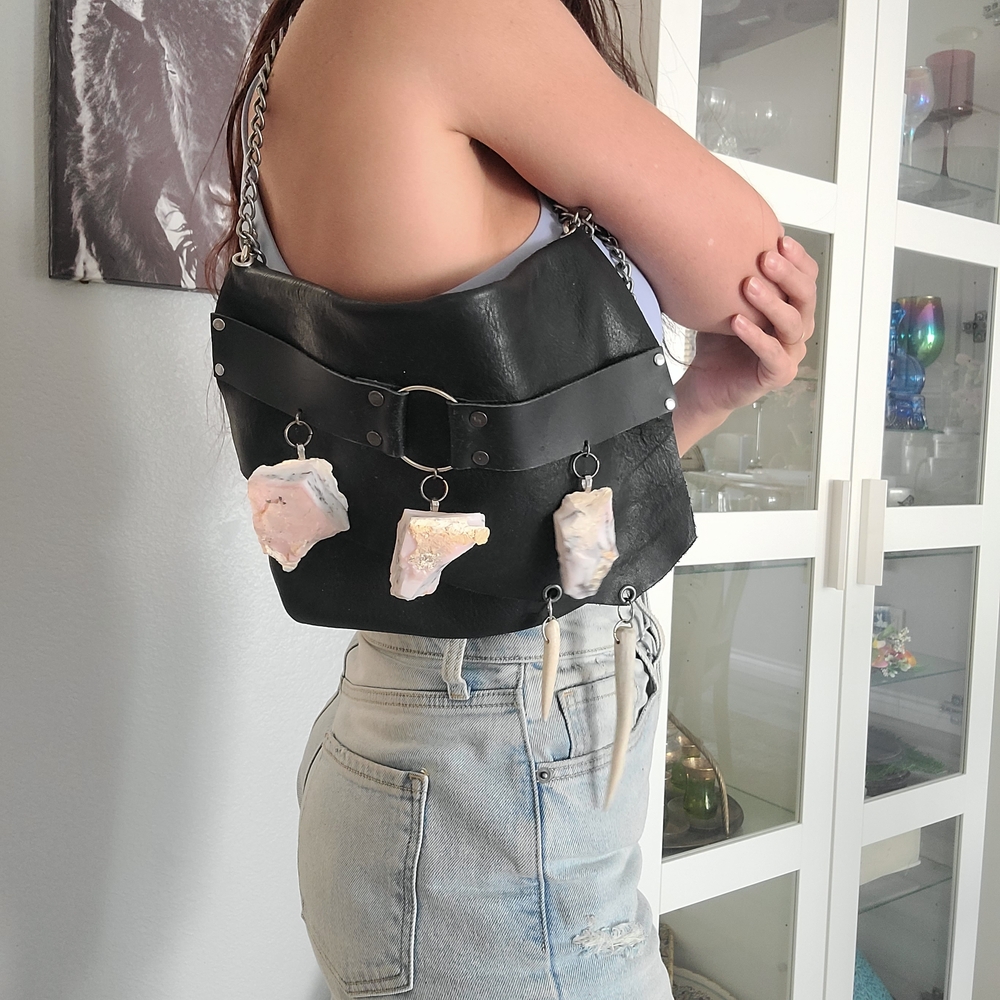 Black Leather Shoulder Bag with Raw Pink Opal Stone